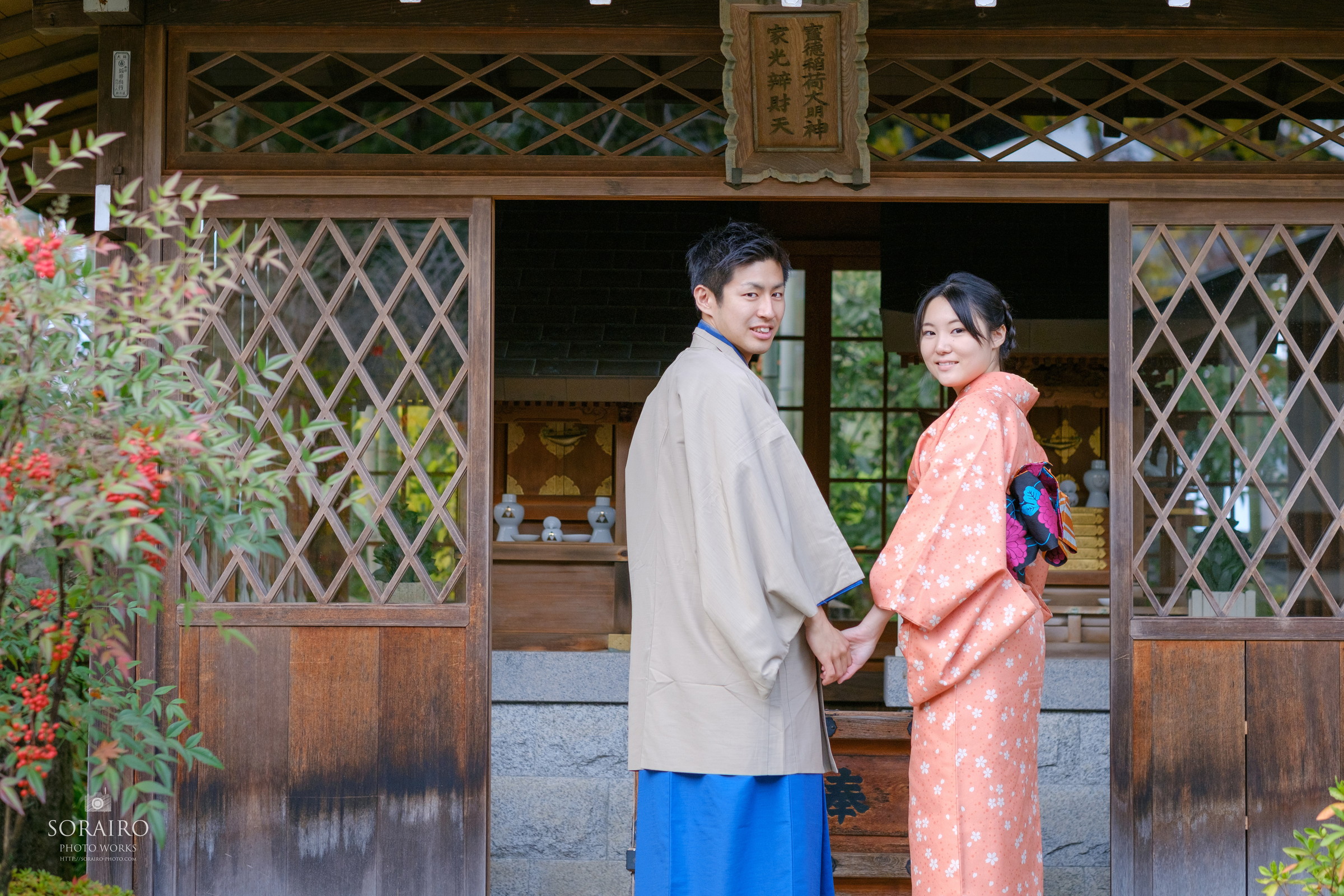 秋の京都嵐山でのカップル撮影